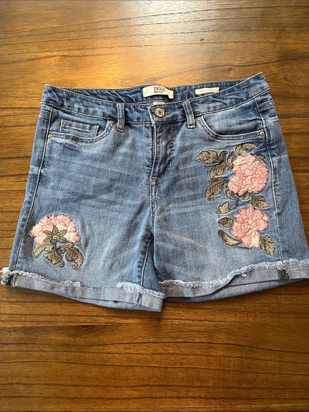 Vintage America Light Blue Denim Shorts with Pink Floral Appliqué